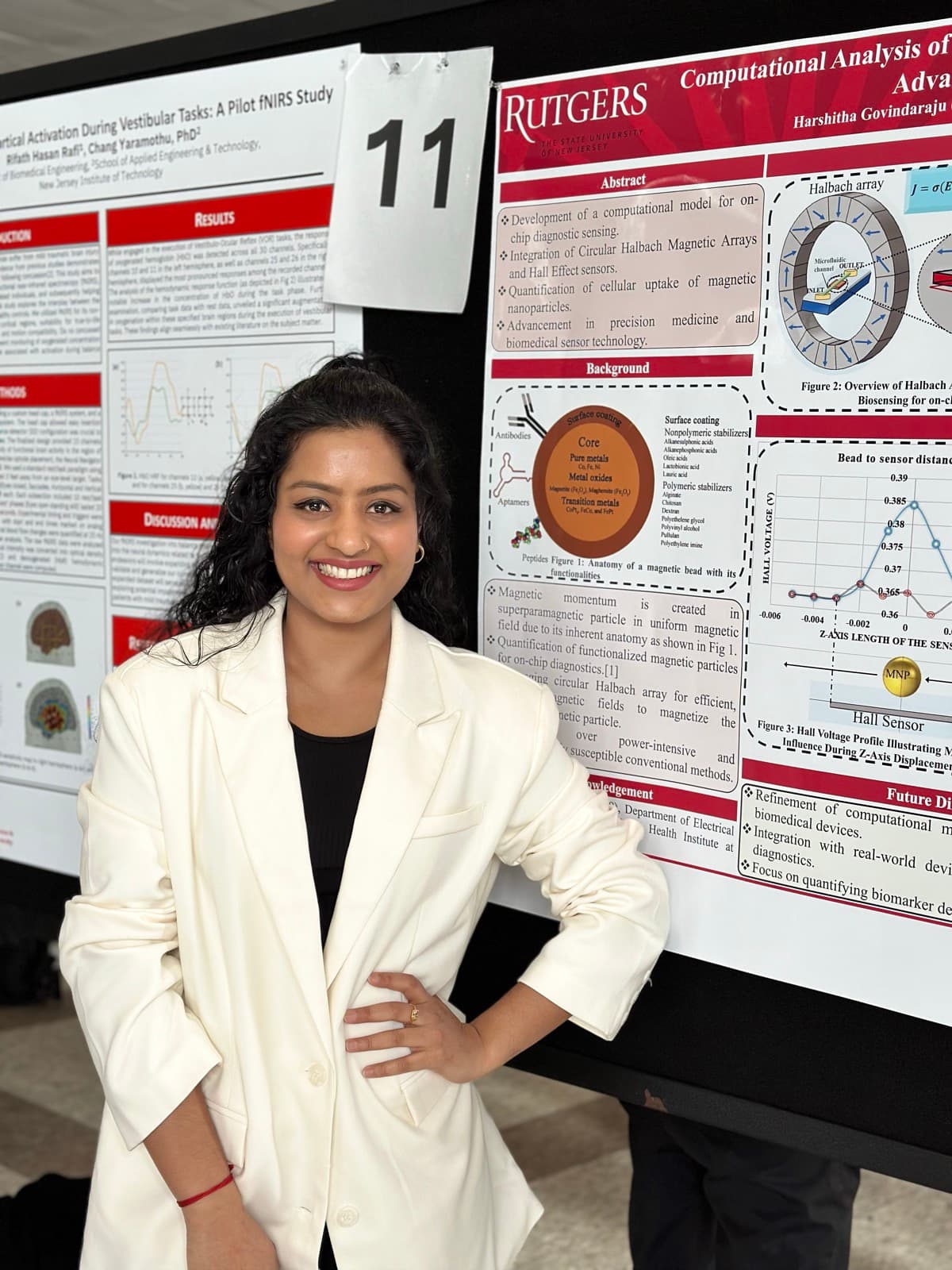 Harshitha Govindaraju presenting a research poster on Halbach-array Hall-effect biosensing at a Rutgers / IEEE session.